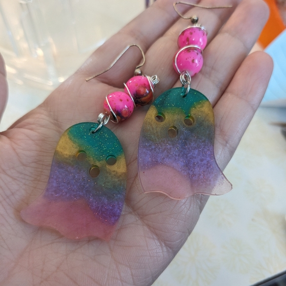 Artisan Jewelry - Updated Colorful Rainbow Ghost Earrings Handmade Resin Lightweight